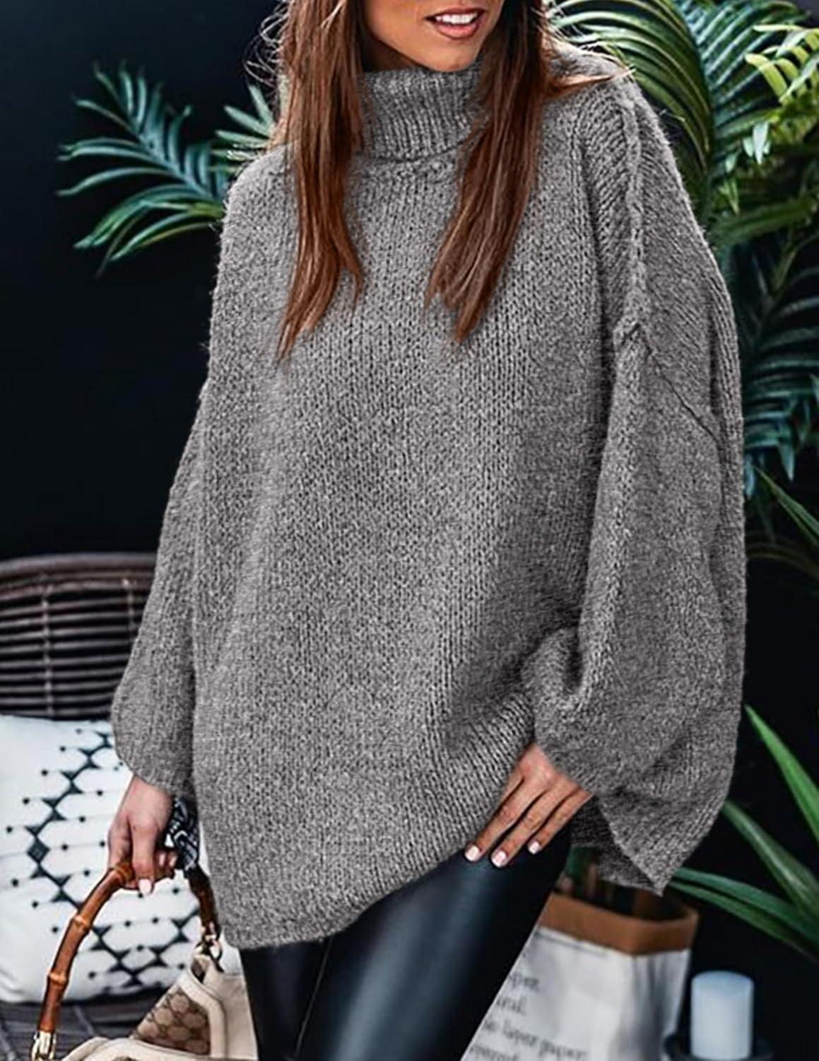 imagePRETTYGARDEN Womens 2025 Fall Turtleneck Oversized Sweaters Long Sleeve Chunky Knit Pullover Tops Winter Fashion ClothesGrey