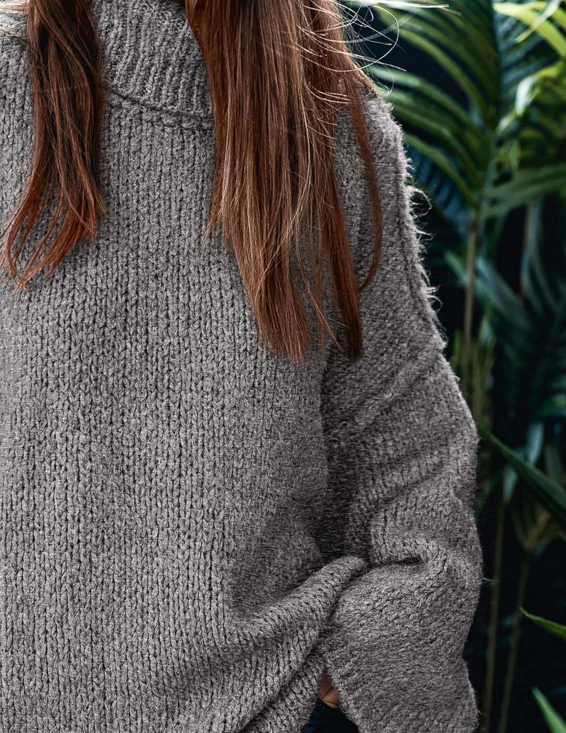 imagePRETTYGARDEN Womens 2025 Fall Turtleneck Oversized Sweaters Long Sleeve Chunky Knit Pullover Tops Winter Fashion ClothesGrey