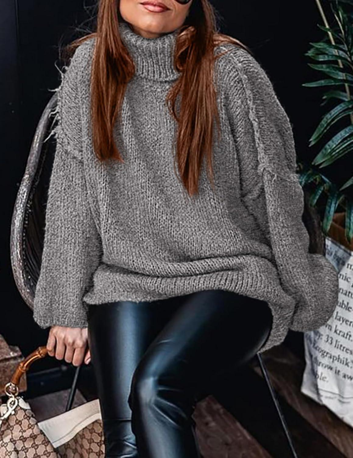 imagePRETTYGARDEN Womens 2025 Fall Turtleneck Oversized Sweaters Long Sleeve Chunky Knit Pullover Tops Winter Fashion ClothesGrey
