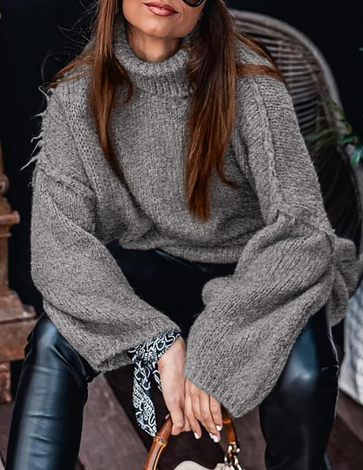 imagePRETTYGARDEN Womens 2025 Fall Turtleneck Oversized Sweaters Long Sleeve Chunky Knit Pullover Tops Winter Fashion ClothesGrey