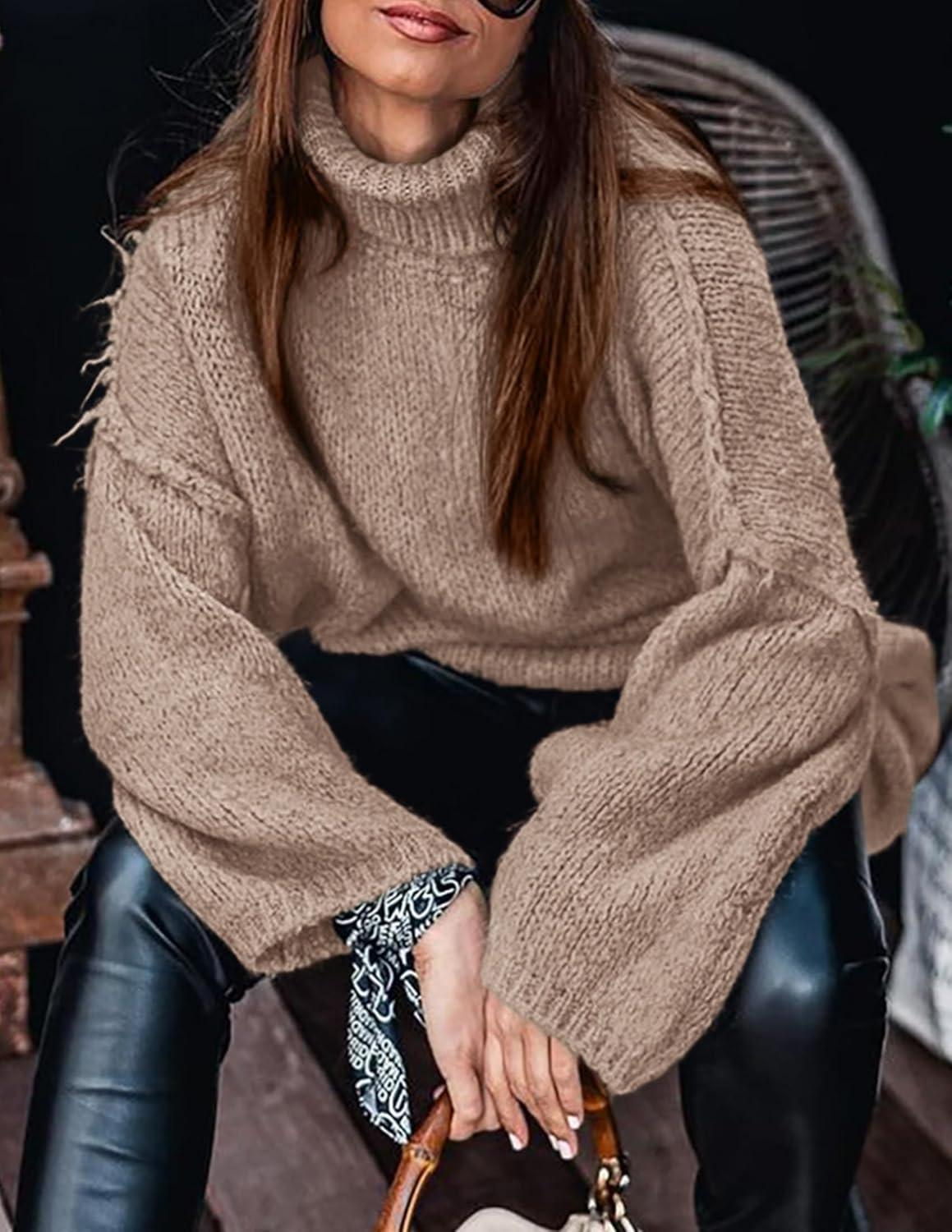 imagePRETTYGARDEN Womens 2025 Fall Turtleneck Oversized Sweaters Long Sleeve Chunky Knit Pullover Tops Winter Fashion ClothesKhaki