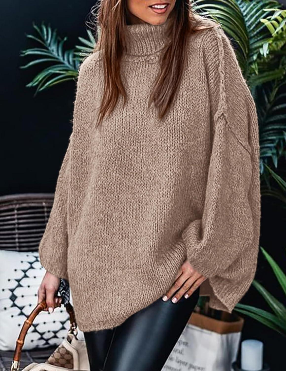 imagePRETTYGARDEN Womens 2025 Fall Turtleneck Oversized Sweaters Long Sleeve Chunky Knit Pullover Tops Winter Fashion ClothesKhaki