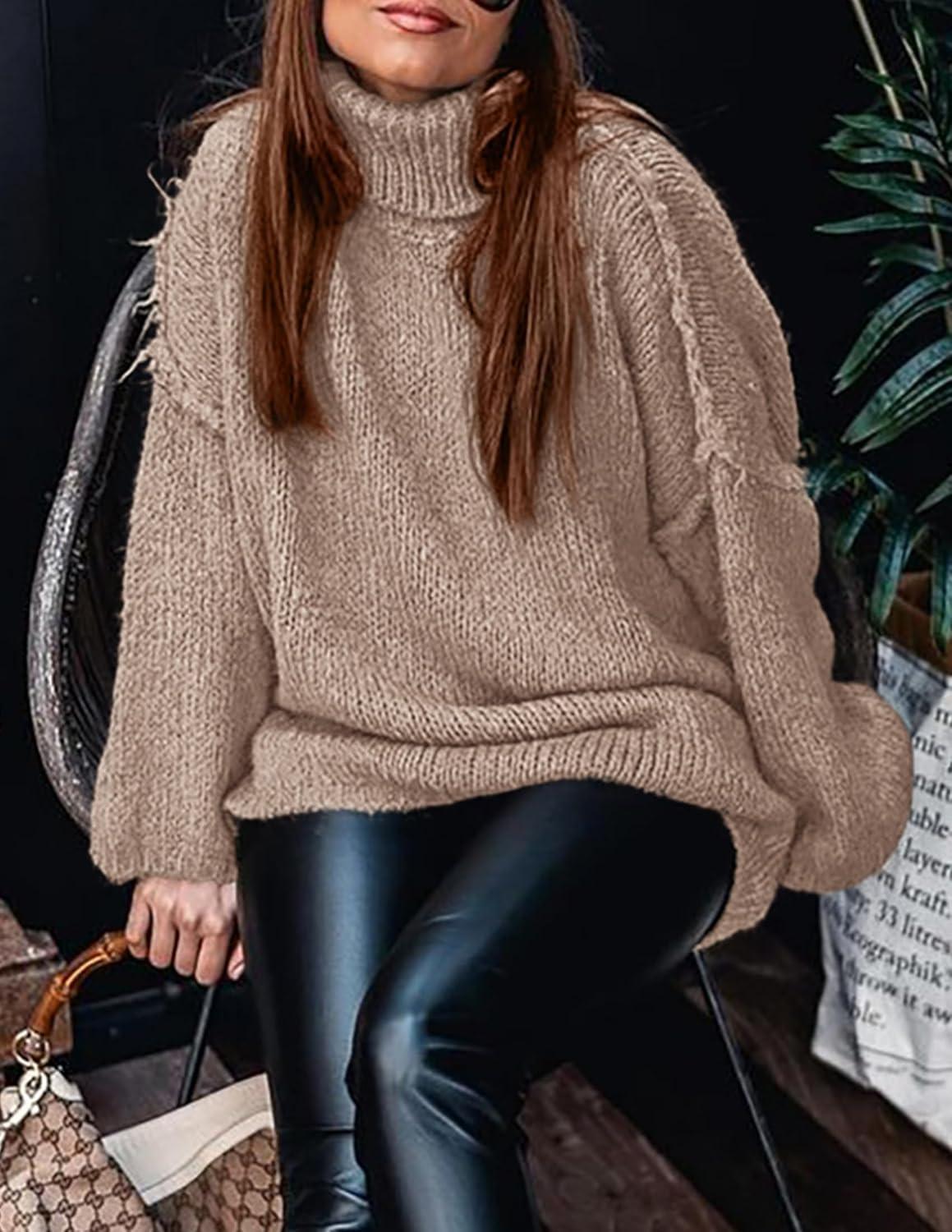 imagePRETTYGARDEN Womens 2025 Fall Turtleneck Oversized Sweaters Long Sleeve Chunky Knit Pullover Tops Winter Fashion ClothesKhaki