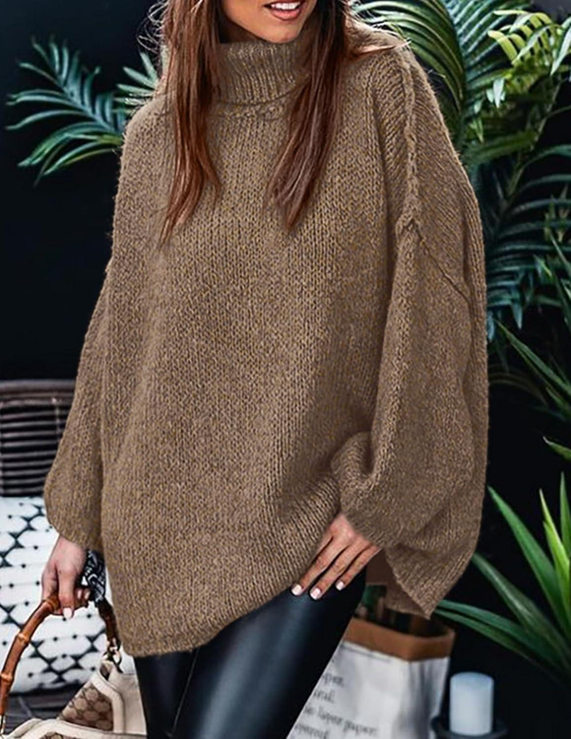 imagePRETTYGARDEN Womens 2025 Fall Turtleneck Oversized Sweaters Long Sleeve Chunky Knit Pullover Tops Winter Fashion ClothesLight Brown