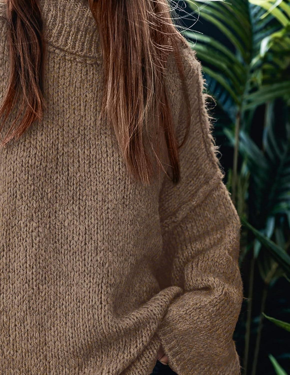imagePRETTYGARDEN Womens 2025 Fall Turtleneck Oversized Sweaters Long Sleeve Chunky Knit Pullover Tops Winter Fashion ClothesLight Brown