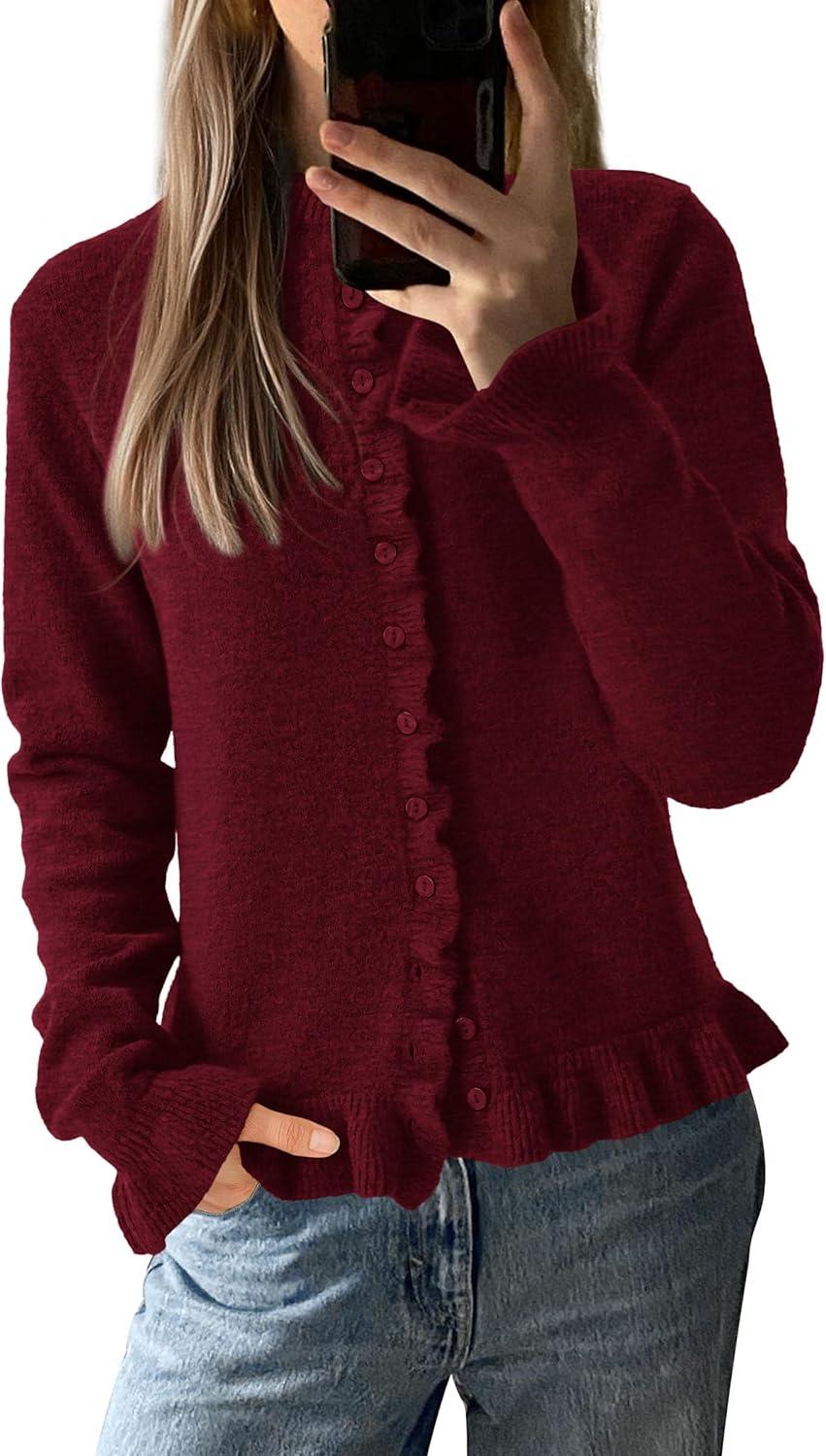 imagePRETTYGARDEN Womens Fall Button Down Cardigans Chunky Knit Ruffle Open Front Cropped Cardigan Sweaters Soft Long Sleeve TopsWine Red