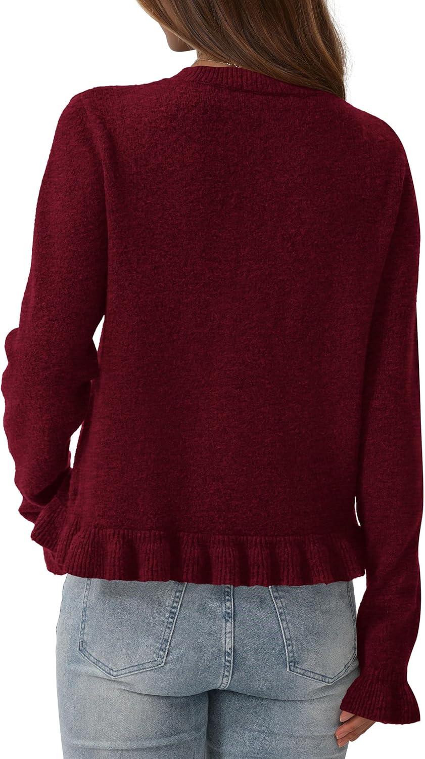 imagePRETTYGARDEN Womens Fall Button Down Cardigans Chunky Knit Ruffle Open Front Cropped Cardigan Sweaters Soft Long Sleeve TopsWine Red