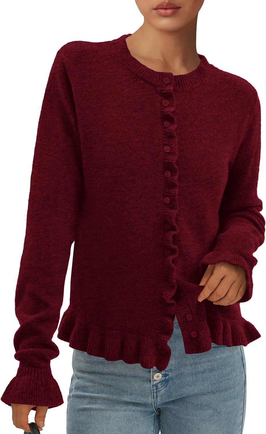 imagePRETTYGARDEN Womens Fall Button Down Cardigans Chunky Knit Ruffle Open Front Cropped Cardigan Sweaters Soft Long Sleeve TopsWine Red