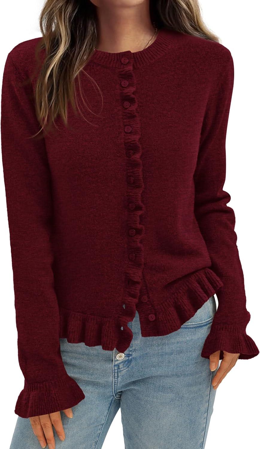 imagePRETTYGARDEN Womens Fall Button Down Cardigans Chunky Knit Ruffle Open Front Cropped Cardigan Sweaters Soft Long Sleeve TopsWine Red