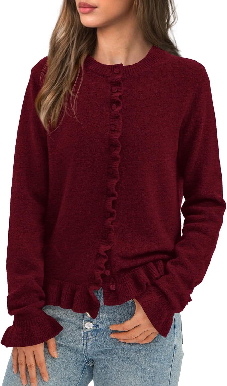 imagePRETTYGARDEN Womens Fall Button Down Cardigans Chunky Knit Ruffle Open Front Cropped Cardigan Sweaters Soft Long Sleeve TopsWine Red