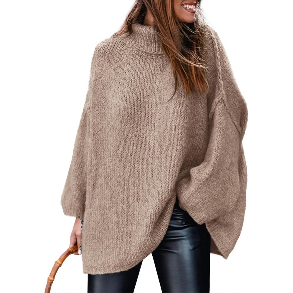 imagePRETTYGARDEN Womens 2025 Fall Turtleneck Oversized Sweaters Long Sleeve Chunky Knit Pullover Tops Winter Fashion ClothesKhaki