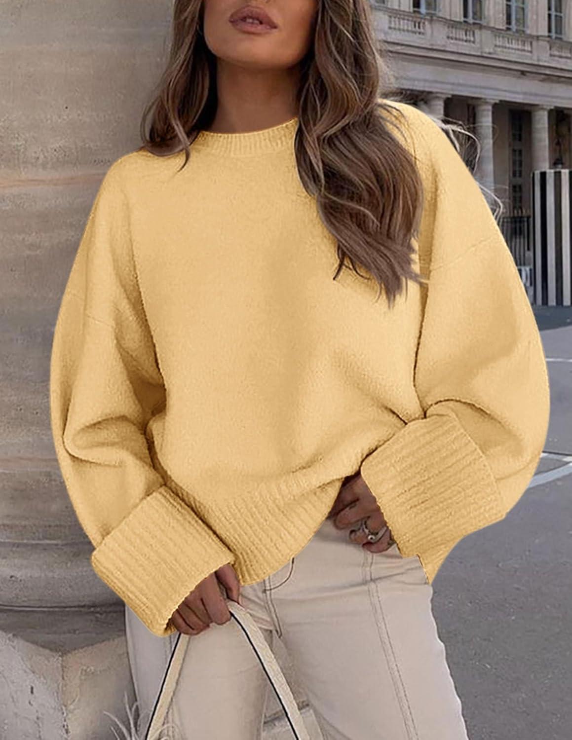 imagePRETTYGARDEN Womens Fall Oversized Sweaters Casual Crewneck Pullover Long Sleeve Fuzzy Chunky Knit Tops BlouseYellow