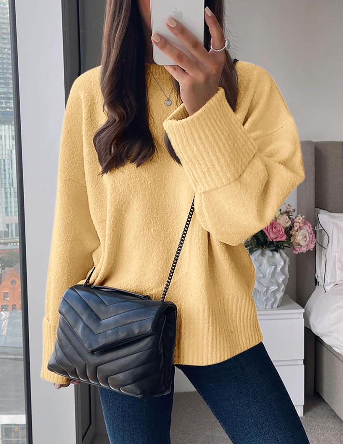 imagePRETTYGARDEN Womens Fall Oversized Sweaters Casual Crewneck Pullover Long Sleeve Fuzzy Chunky Knit Tops BlouseYellow
