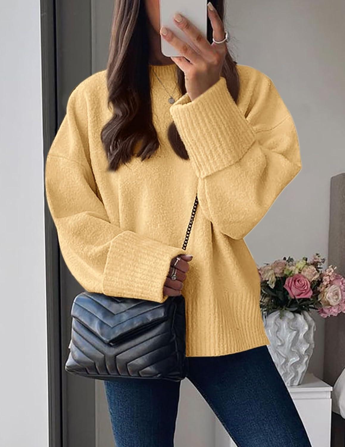 imagePRETTYGARDEN Womens Fall Oversized Sweaters Casual Crewneck Pullover Long Sleeve Fuzzy Chunky Knit Tops BlouseYellow