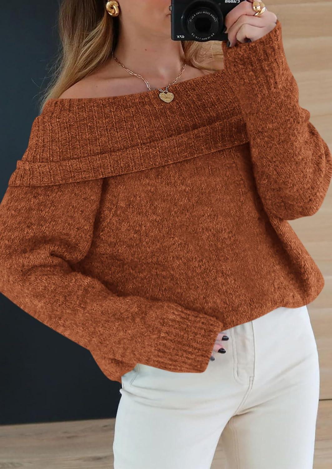 imagePRETTYGARDEN Womens Off The Shoulder Sweater Long Sleeve Tops 2025 Fall Loose Knit Pullover Sweaters Winter ClothesBrick Red