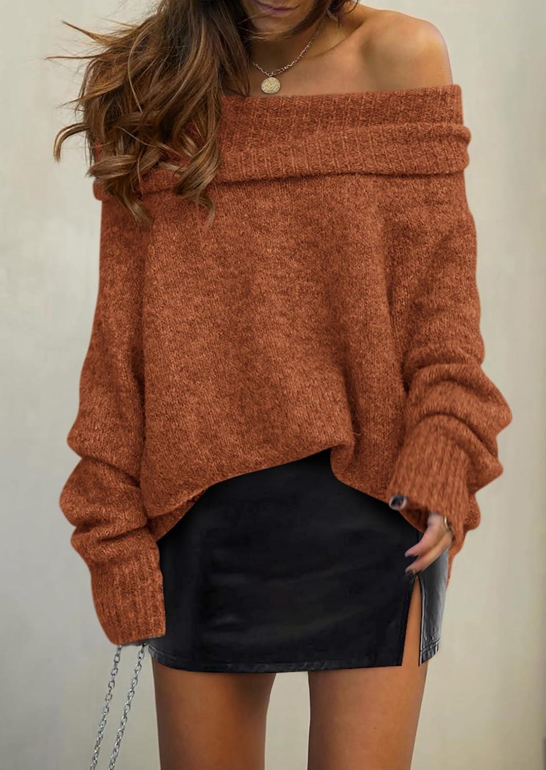 imagePRETTYGARDEN Womens Off The Shoulder Sweater Long Sleeve Tops 2025 Fall Loose Knit Pullover Sweaters Winter ClothesBrick Red