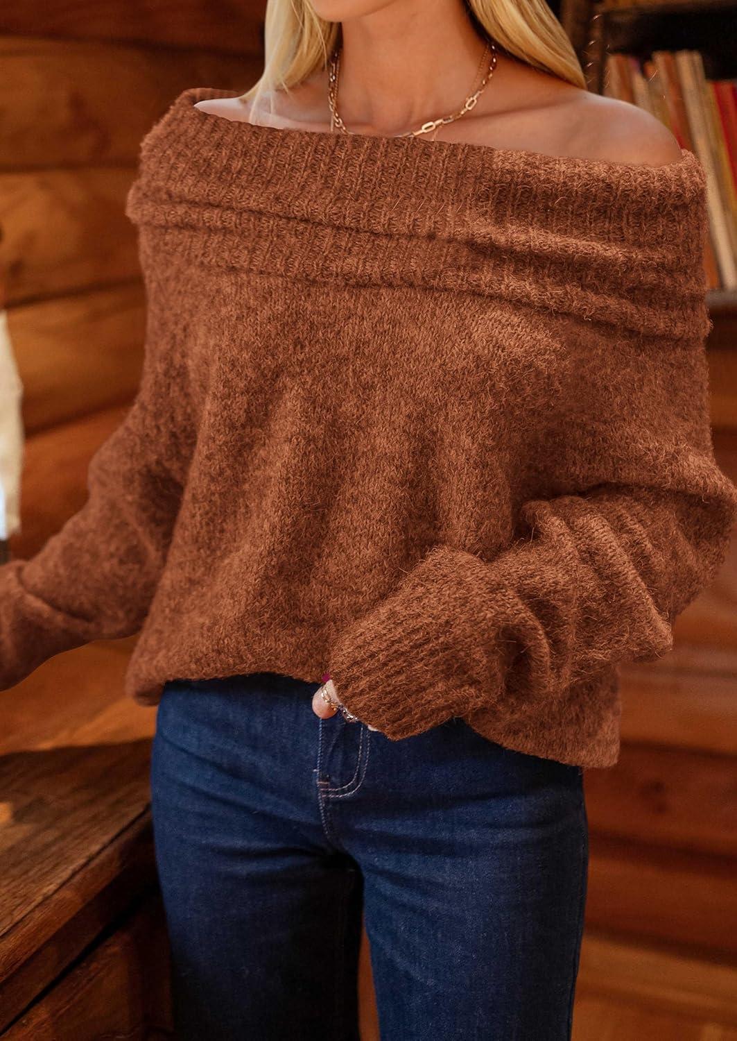 imagePRETTYGARDEN Womens Off The Shoulder Sweater Long Sleeve Tops 2025 Fall Loose Knit Pullover Sweaters Winter ClothesBrick Red