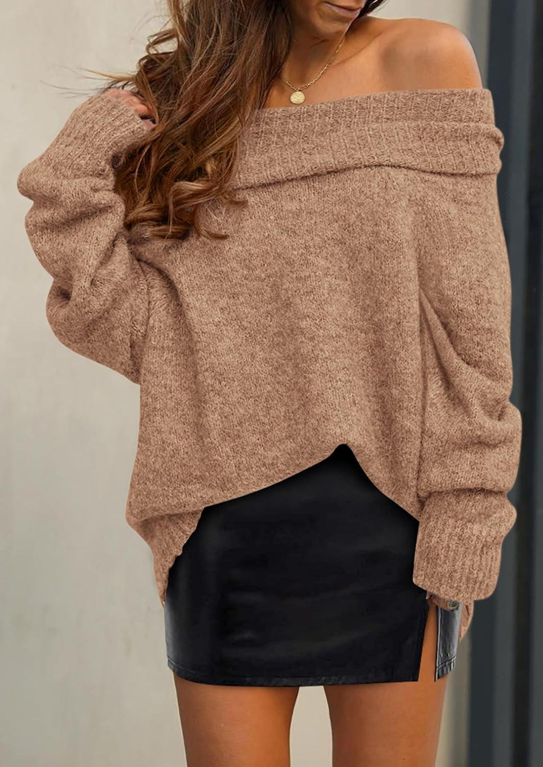 imagePRETTYGARDEN Womens Off The Shoulder Sweater Long Sleeve Tops 2025 Fall Loose Knit Pullover Sweaters Winter ClothesCamel