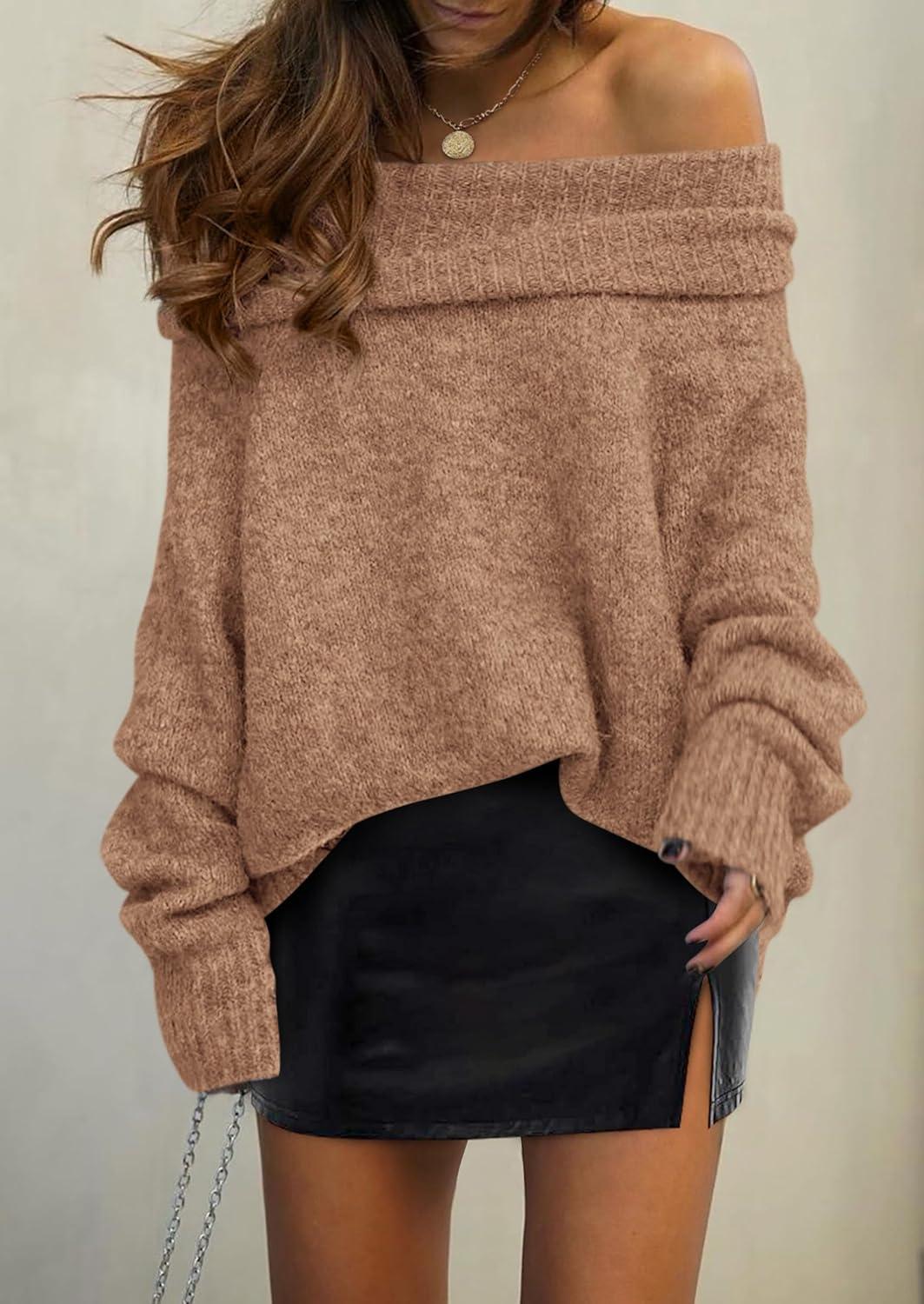 imagePRETTYGARDEN Womens Off The Shoulder Sweater Long Sleeve Tops 2025 Fall Loose Knit Pullover Sweaters Winter ClothesCamel