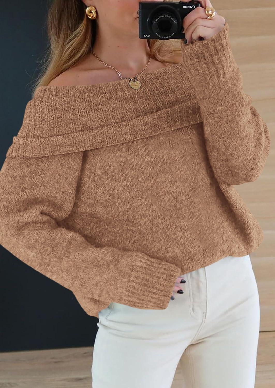 imagePRETTYGARDEN Womens Off The Shoulder Sweater Long Sleeve Tops 2025 Fall Loose Knit Pullover Sweaters Winter ClothesCamel