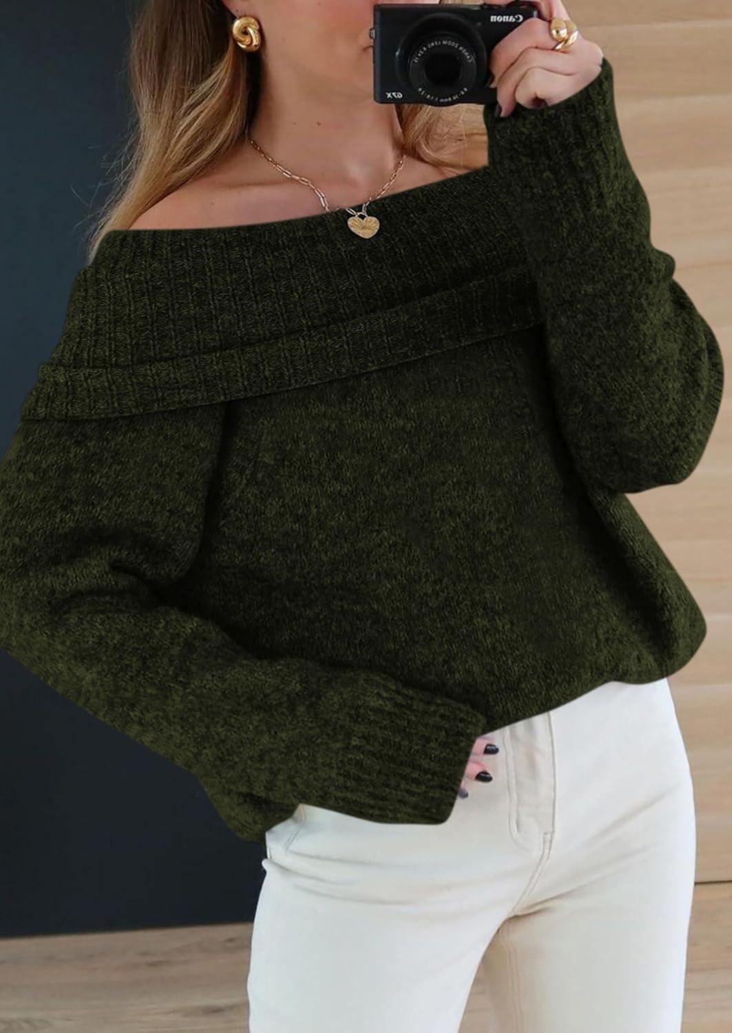 imagePRETTYGARDEN Womens Off The Shoulder Sweater Long Sleeve Tops 2025 Fall Loose Knit Pullover Sweaters Winter ClothesDark Army Green