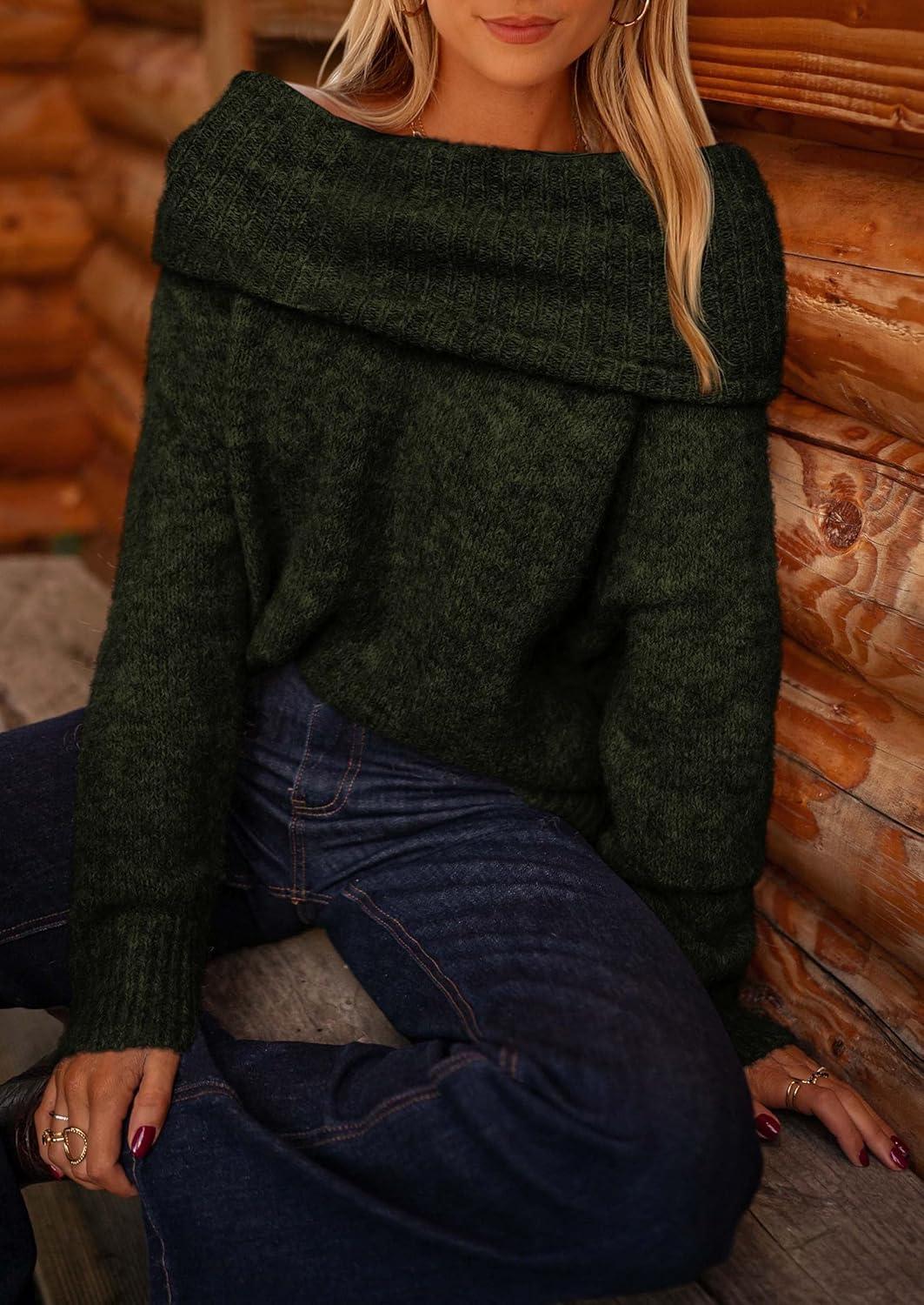 imagePRETTYGARDEN Womens Off The Shoulder Sweater Long Sleeve Tops 2025 Fall Loose Knit Pullover Sweaters Winter ClothesDark Army Green