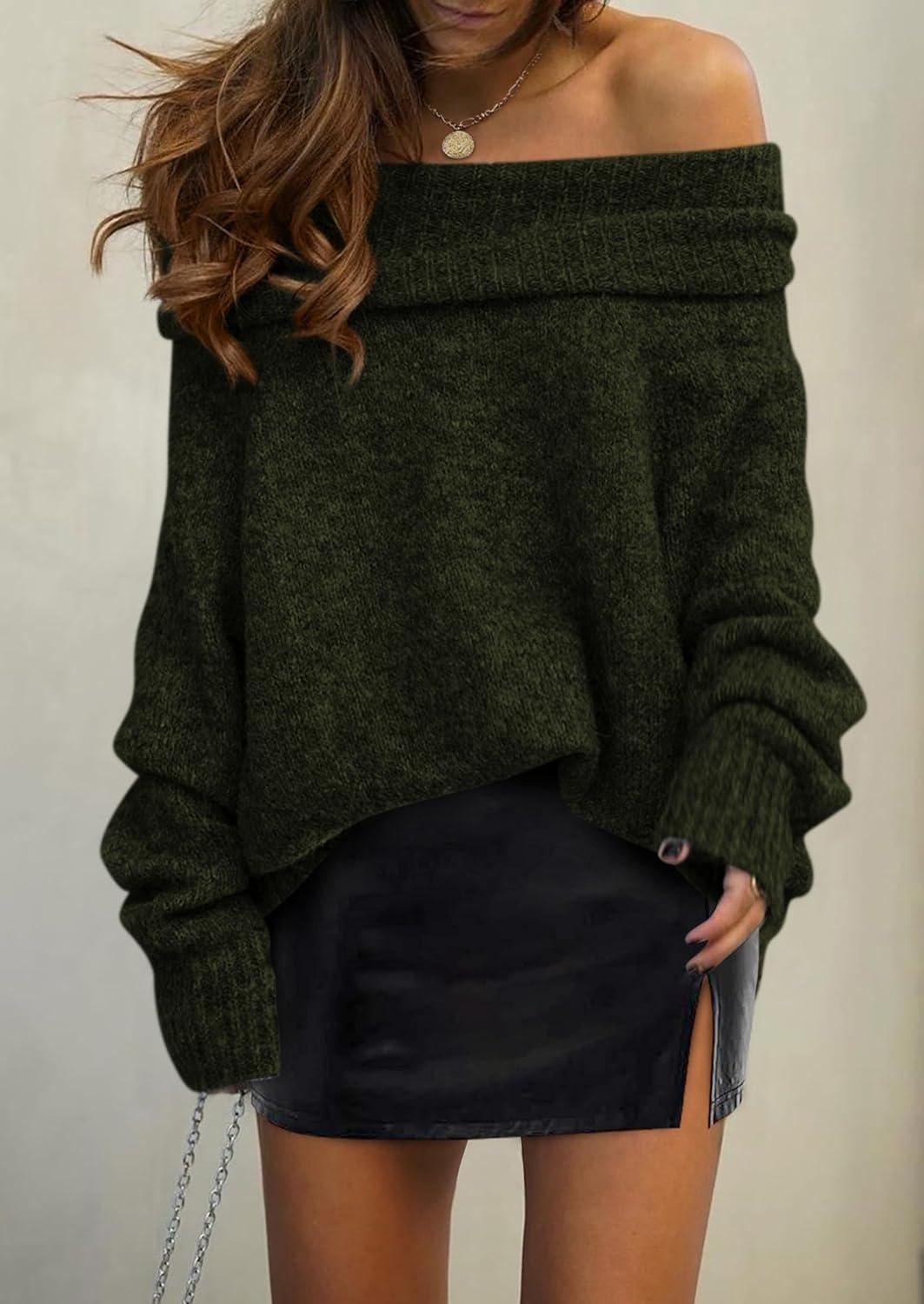 imagePRETTYGARDEN Womens Off The Shoulder Sweater Long Sleeve Tops 2025 Fall Loose Knit Pullover Sweaters Winter ClothesDark Army Green
