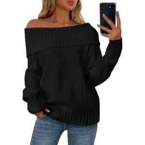 imagePRETTYGARDEN Womens Off The Shoulder Sweater Long Sleeve Loose Knit Pullover Sweaters Fall Going Out TopsBlack