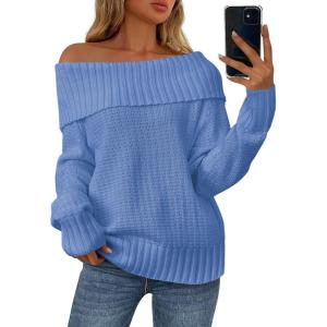 imagePRETTYGARDEN Womens Off The Shoulder Sweater Long Sleeve Loose Knit Pullover Sweaters Fall Going Out TopsBlue