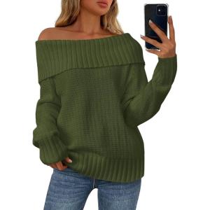 imagePRETTYGARDEN Womens Off The Shoulder Sweater Long Sleeve Loose Knit Pullover Sweaters Fall Going Out TopsGreen