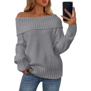 imagePRETTYGARDEN Womens Off The Shoulder Sweater Long Sleeve Loose Knit Pullover Sweaters Fall Going Out TopsGrey