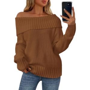 imagePRETTYGARDEN Womens Off The Shoulder Sweater Long Sleeve Loose Knit Pullover Sweaters Fall Going Out TopsKhaki