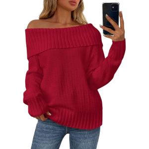 imagePRETTYGARDEN Womens Off The Shoulder Sweater Long Sleeve Loose Knit Pullover Sweaters Fall Going Out TopsRed