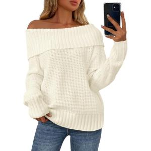 imagePRETTYGARDEN Womens Off The Shoulder Sweater Long Sleeve Loose Knit Pullover Sweaters Fall Going Out TopsWhite