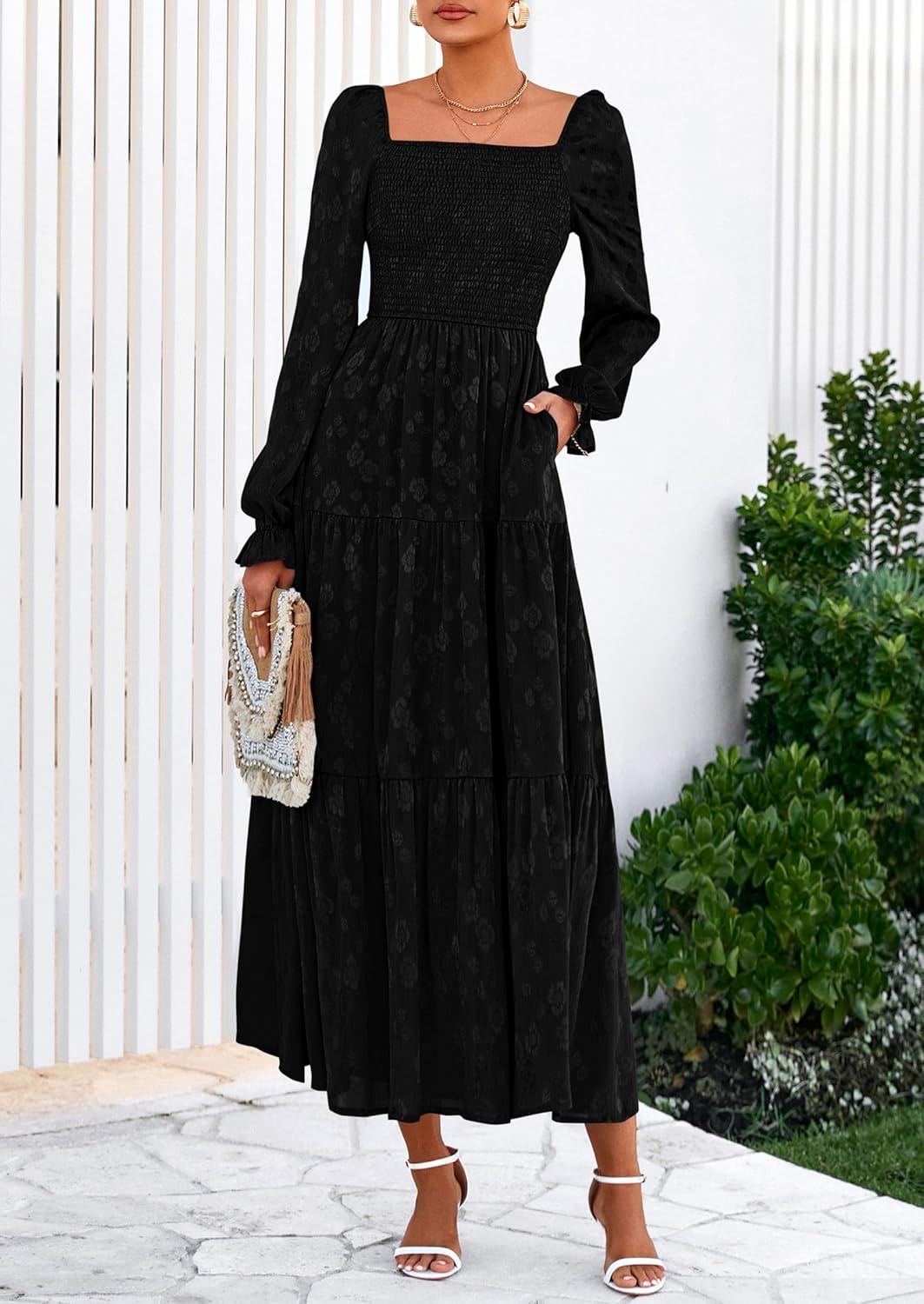 imagePRETTYGARDEN Womens 2025 Fall Floral Midi Dress Long Sleeve Smocked A Line Long Flowy Elegant Wedding Guest DressesBlack