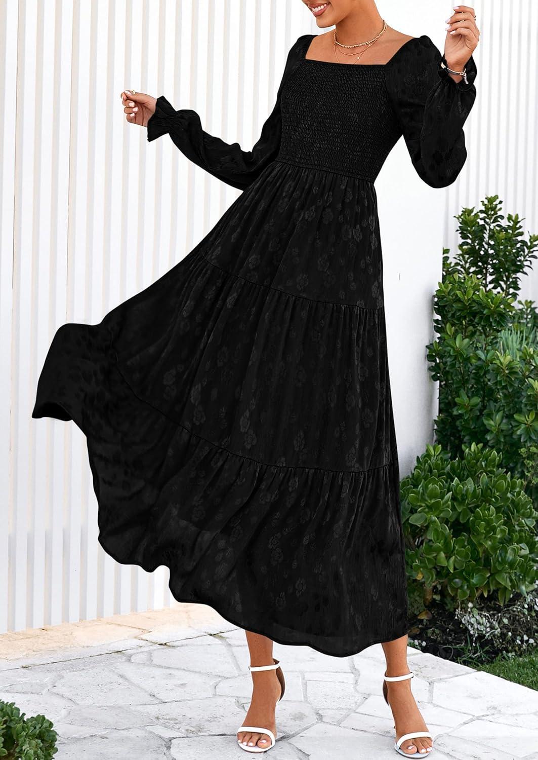 imagePRETTYGARDEN Womens 2025 Fall Floral Midi Dress Long Sleeve Smocked A Line Long Flowy Elegant Wedding Guest DressesBlack