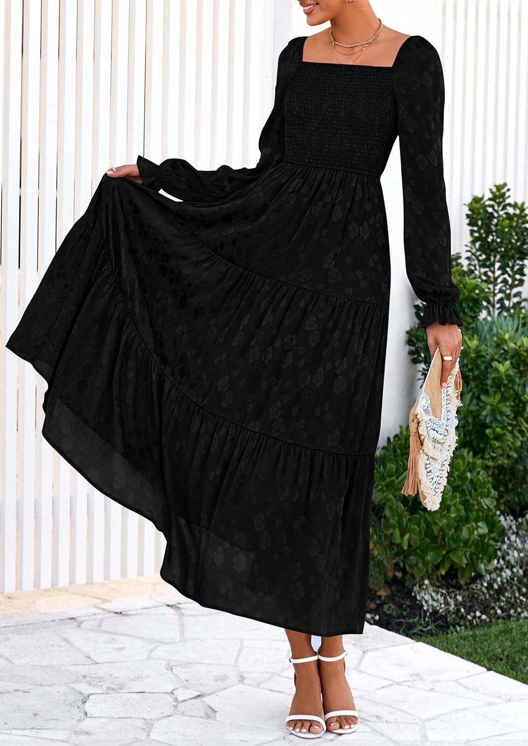 imagePRETTYGARDEN Womens 2025 Fall Floral Midi Dress Long Sleeve Smocked A Line Long Flowy Elegant Wedding Guest DressesBlack