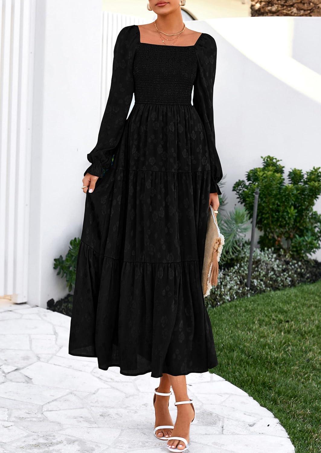 imagePRETTYGARDEN Womens 2025 Fall Floral Midi Dress Long Sleeve Smocked A Line Long Flowy Elegant Wedding Guest DressesBlack