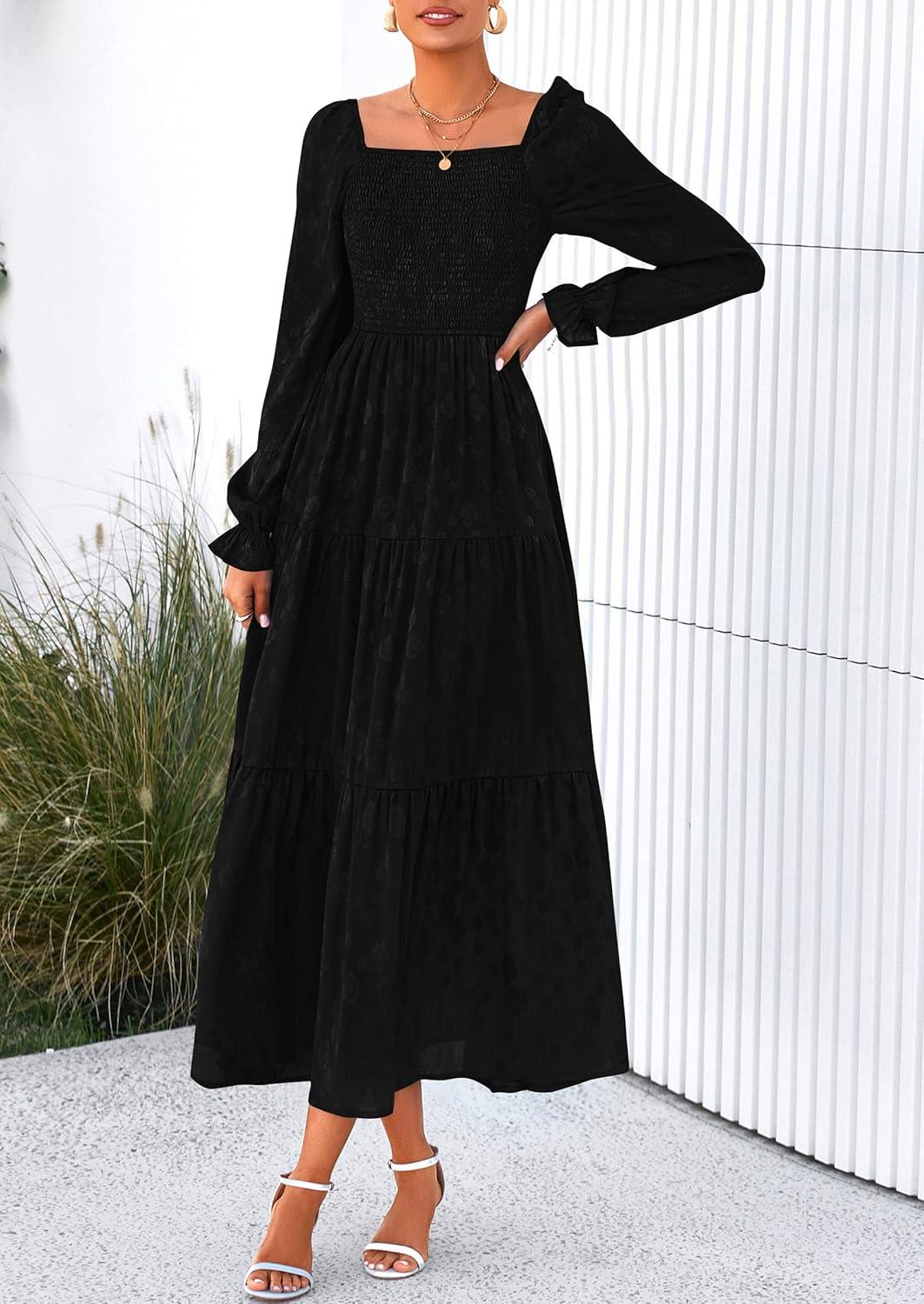 imagePRETTYGARDEN Womens 2025 Fall Floral Midi Dress Long Sleeve Smocked A Line Long Flowy Elegant Wedding Guest DressesBlack
