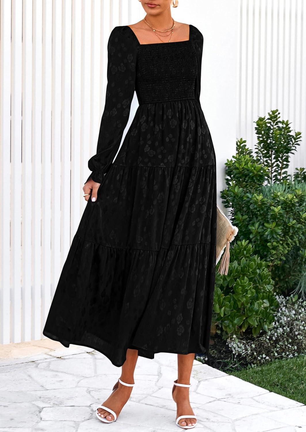 imagePRETTYGARDEN Womens 2025 Fall Floral Midi Dress Long Sleeve Smocked A Line Long Flowy Elegant Wedding Guest DressesBlack