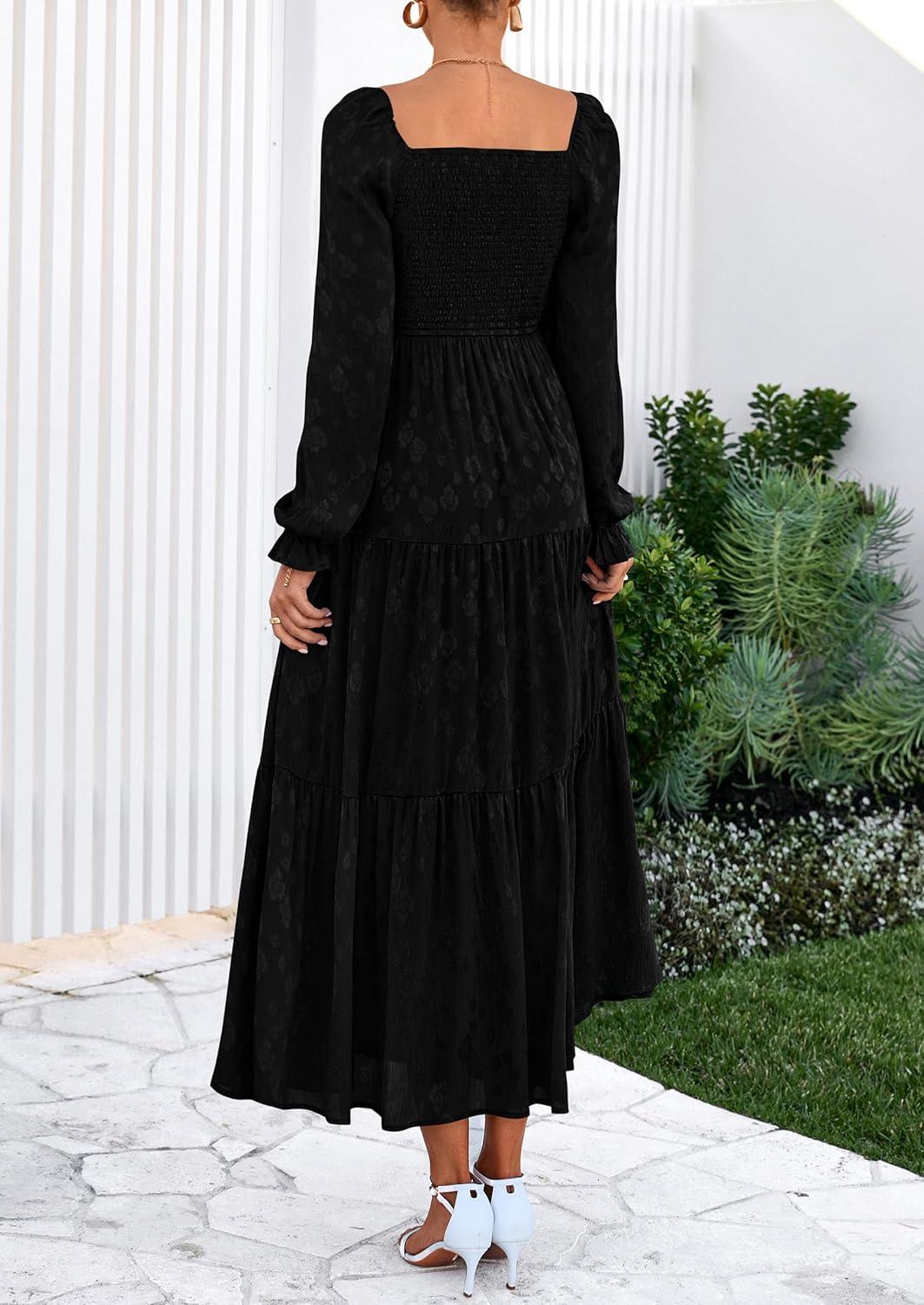 imagePRETTYGARDEN Womens 2025 Fall Floral Midi Dress Long Sleeve Smocked A Line Long Flowy Elegant Wedding Guest DressesBlack