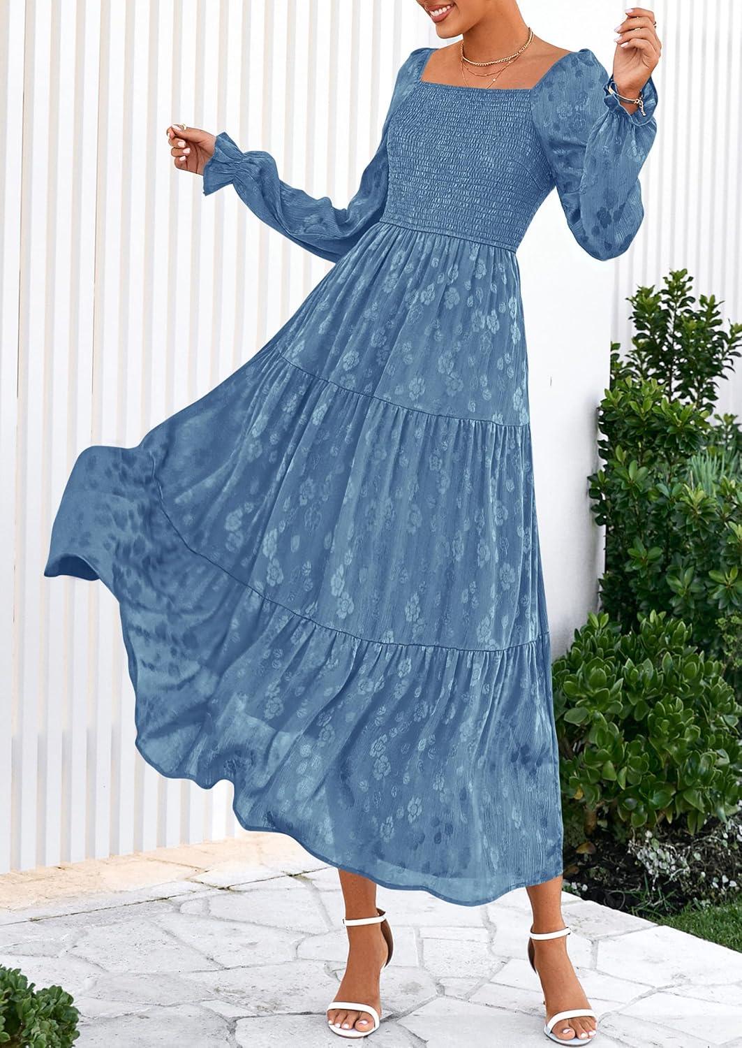 imagePRETTYGARDEN Womens 2025 Fall Floral Midi Dress Long Sleeve Smocked A Line Long Flowy Elegant Wedding Guest DressesBlue
