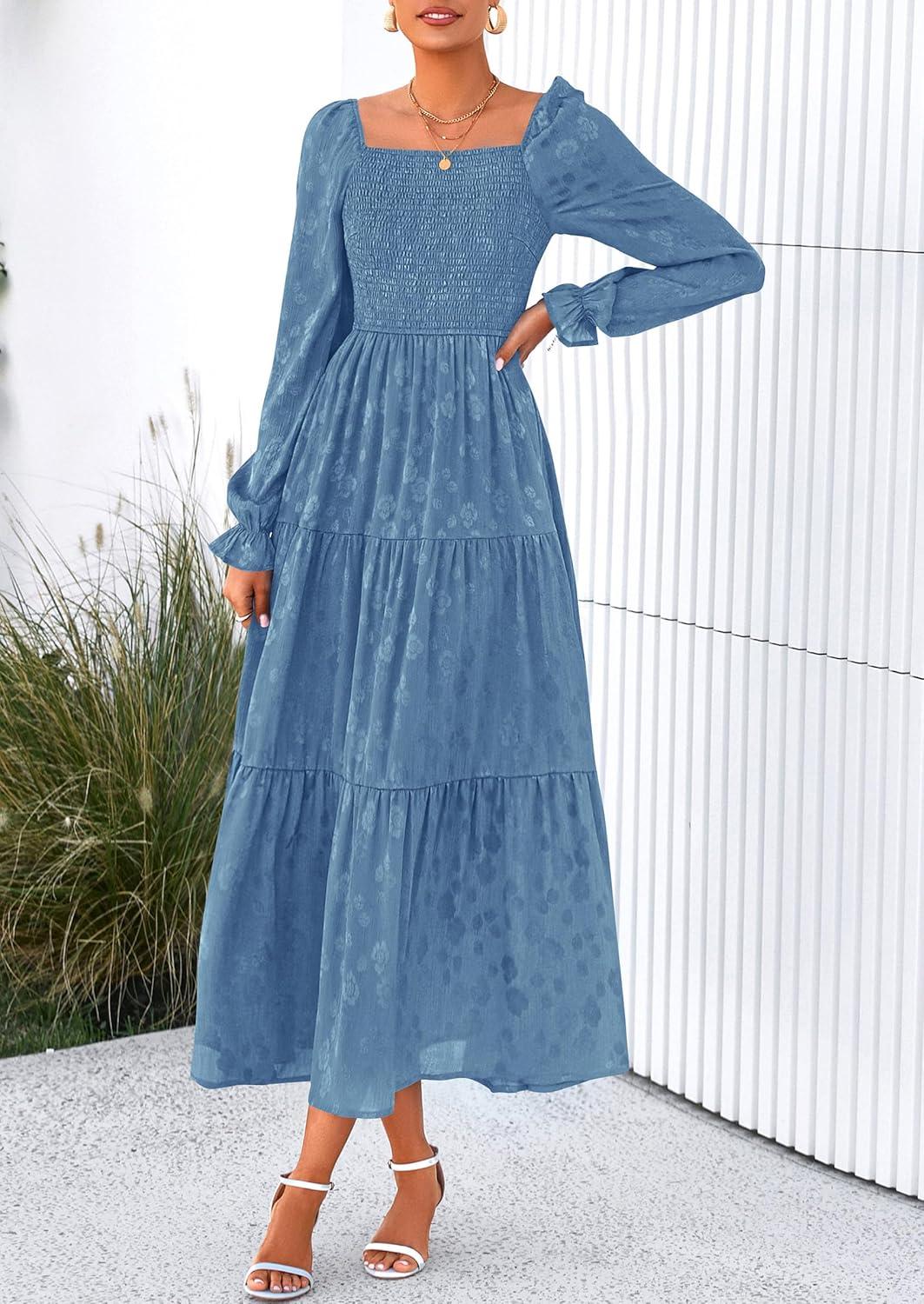 imagePRETTYGARDEN Womens 2025 Fall Floral Midi Dress Long Sleeve Smocked A Line Long Flowy Elegant Wedding Guest DressesBlue