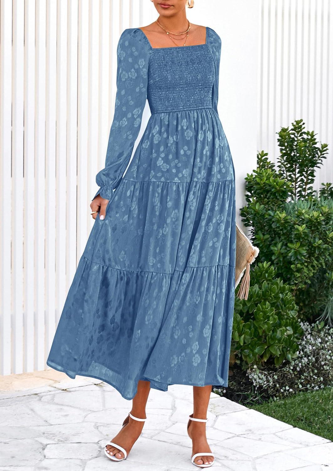 imagePRETTYGARDEN Womens 2025 Fall Floral Midi Dress Long Sleeve Smocked A Line Long Flowy Elegant Wedding Guest DressesBlue