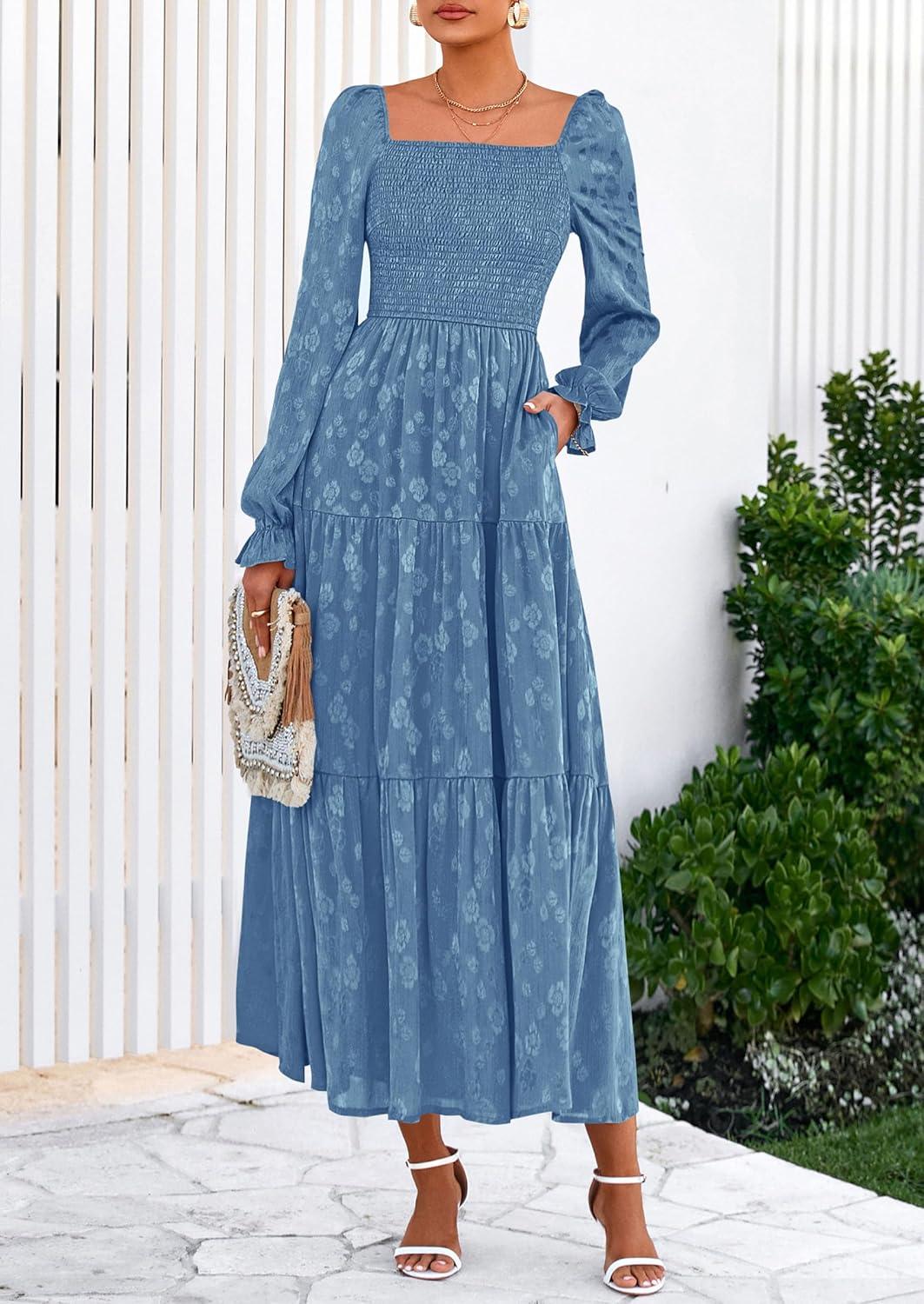 imagePRETTYGARDEN Womens 2025 Fall Floral Midi Dress Long Sleeve Smocked A Line Long Flowy Elegant Wedding Guest DressesBlue