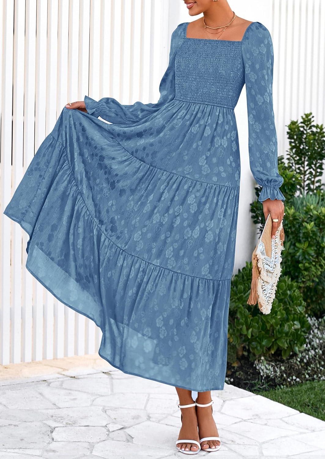 imagePRETTYGARDEN Womens 2025 Fall Floral Midi Dress Long Sleeve Smocked A Line Long Flowy Elegant Wedding Guest DressesBlue