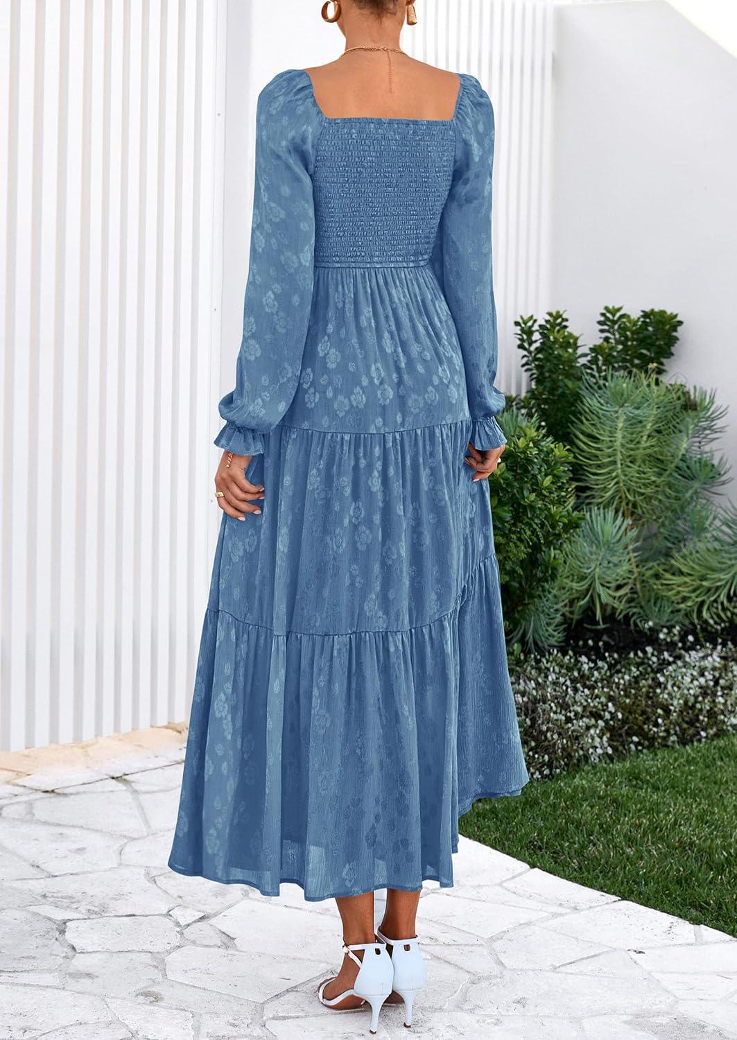 imagePRETTYGARDEN Womens 2025 Fall Floral Midi Dress Long Sleeve Smocked A Line Long Flowy Elegant Wedding Guest DressesBlue