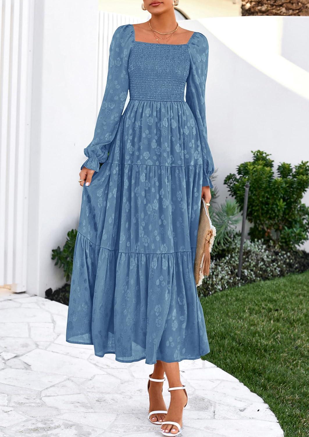 imagePRETTYGARDEN Womens 2025 Fall Floral Midi Dress Long Sleeve Smocked A Line Long Flowy Elegant Wedding Guest DressesBlue