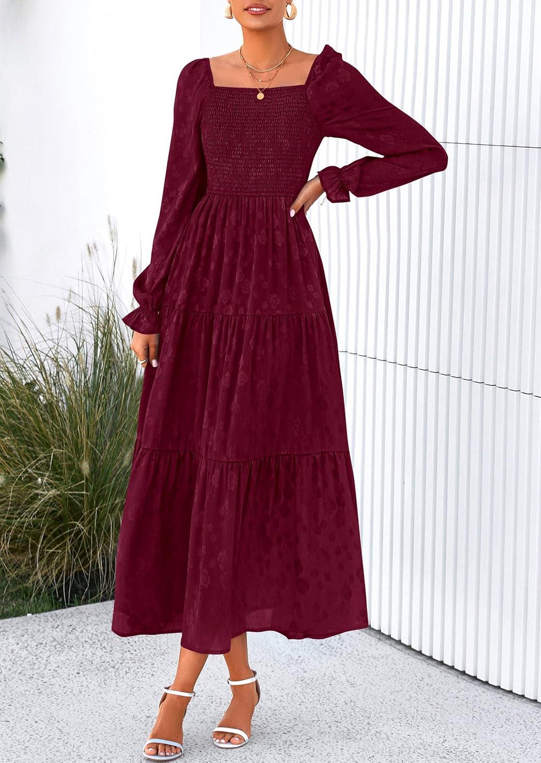 imagePRETTYGARDEN Womens 2025 Fall Floral Midi Dress Long Sleeve Smocked A Line Long Flowy Elegant Wedding Guest DressesBurgundy