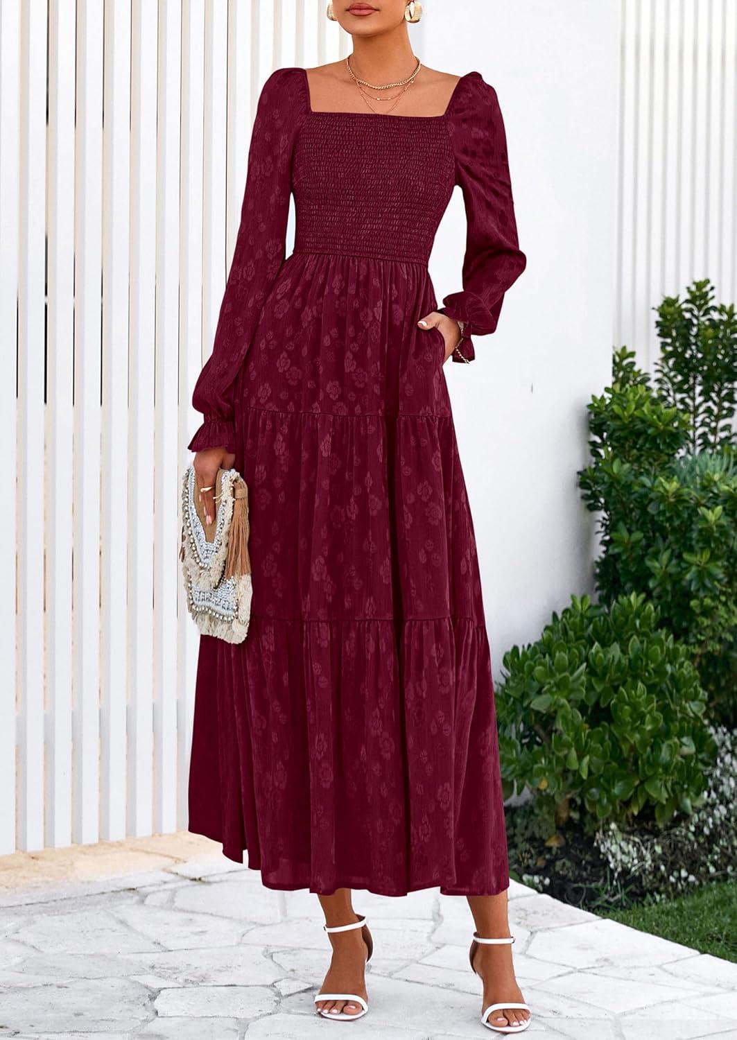 imagePRETTYGARDEN Womens 2025 Fall Floral Midi Dress Long Sleeve Smocked A Line Long Flowy Elegant Wedding Guest DressesBurgundy
